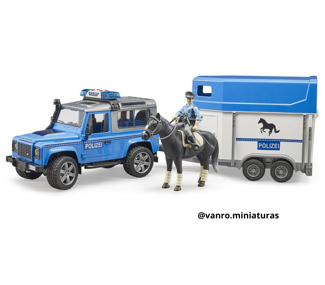 Vehículo policial Land Rover c/trailer y policía a caballo – Bruder Toys