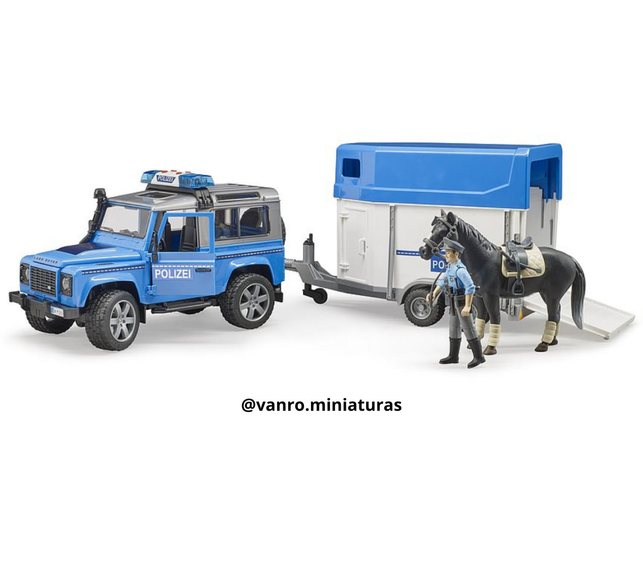 Vehículo policial Land Rover c/trailer y policía a caballo – Bruder Toys
